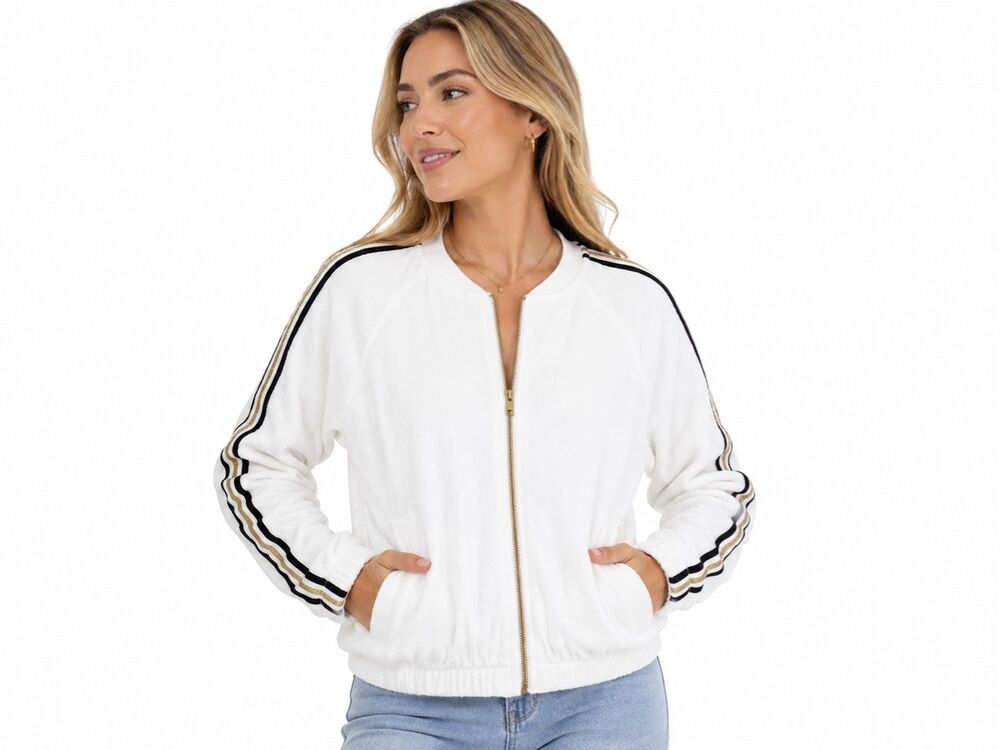 NWT Juicy Couture Black Label Microterry Racer Stripe White Jacket Size Medium